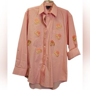 Las Olas Button-Down Flip-Flop Applique Stripped Shirt, Pink/White - Siz…